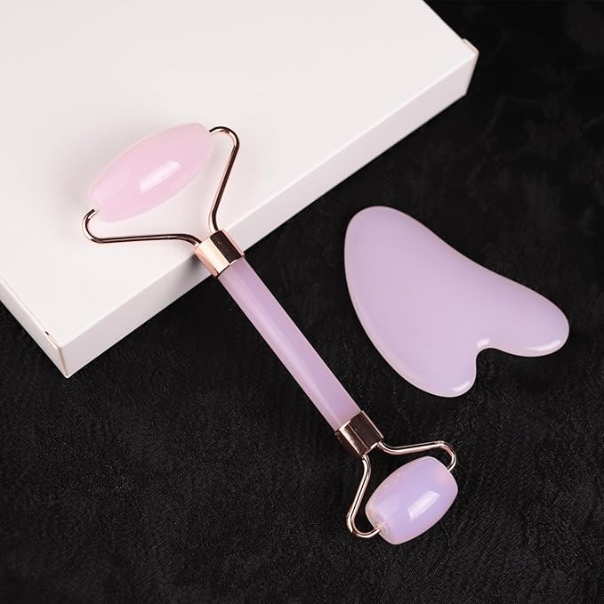 Female Facial gua Sha Jade Roller Tool Set Rose Quartz Crystal face Roller Massager Jade White Jade Massage The face, Eyes (C-Pink)