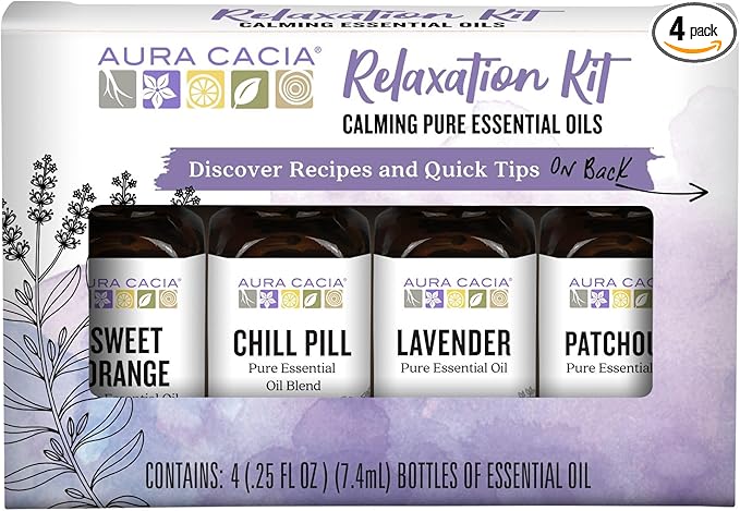 Aura Cacia Essential Oil Relaxation Kit, 4-Pack, Lavender, Patchouli, Sweet Orange, Chamomile, Sweet Basil & Learning Guide