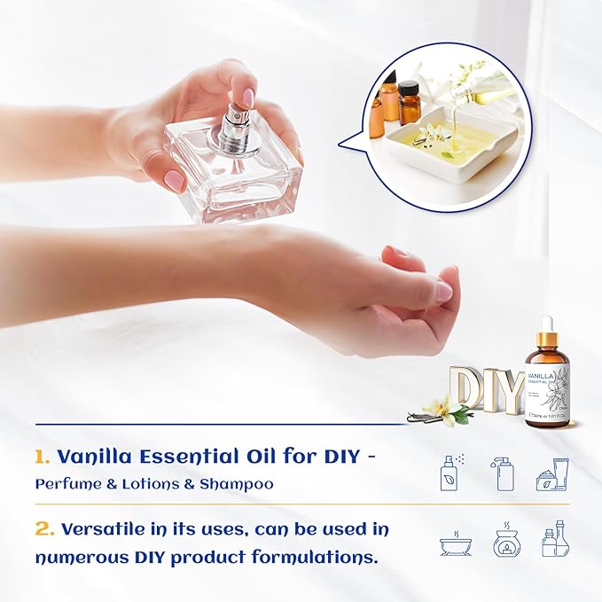 HIQILI 1 Fl Oz Vanilla Essential Oil, Undiluted Natural Strong Fragrance Add in Skin Perfume, Unscented Lotion, Candle Soap Making Scent, Relax at Home with Diffuse Warm Sweet Aroma