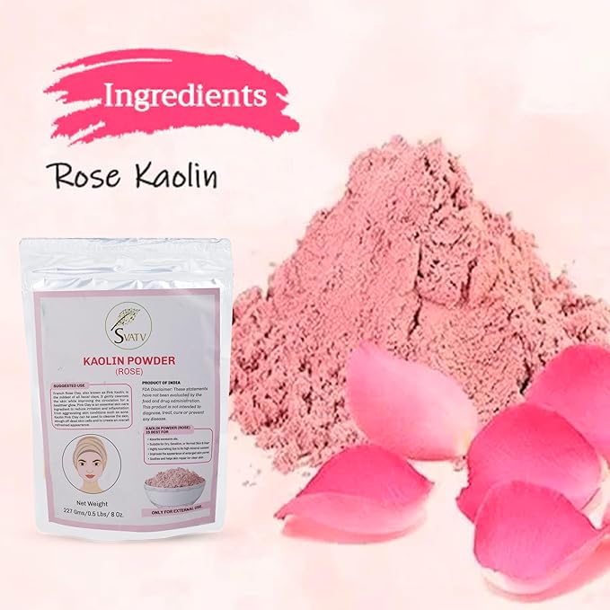 SVATV Kaolin Clay Rose Natural For Face Mask Herbal Skin Face Powder Makeup, Bath Bomb Clay, DYI Spa Mud Mask For Face & Hair & Soap Making For Men & Women 227g, Half Pound