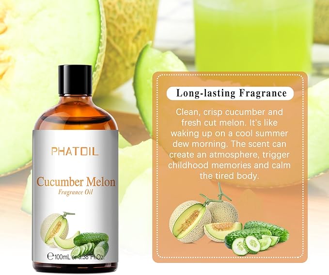3.38FL.OZ Cucumber Melon Fragrance Oils for Aromatherapy, Essential Oils for Diffusers for Home, Perfect for Diffuser, Yoga, Skin Care, DIY Candle and Soap Making - 100ml