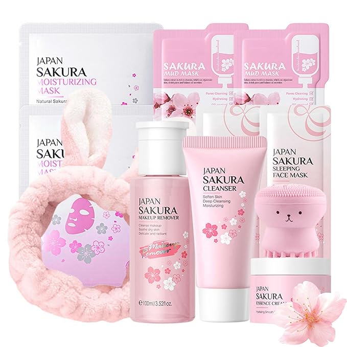 Skincare Set Sakura Skincare Gifts For Teen Girls, 11 Pack Skin Care Coreano Kit - Hair Tie, Mask, Makeup Remover, Cleanser, Cream, Brush, Mud Mask, Sleep Mask, Teen Face Care Kit Girls Beauty Set