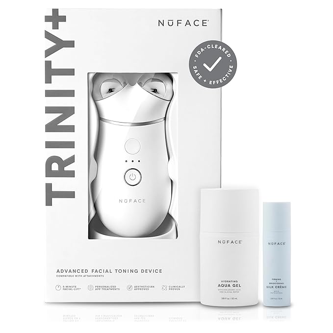 NuFACE TRINITY+ Microcurrent Facial Device Kit - FDA Cleared Face Sculpting & Neck Tightening Device to Contour Cheeks & Brows + Microcurrent Gel Activator & Silk Creme