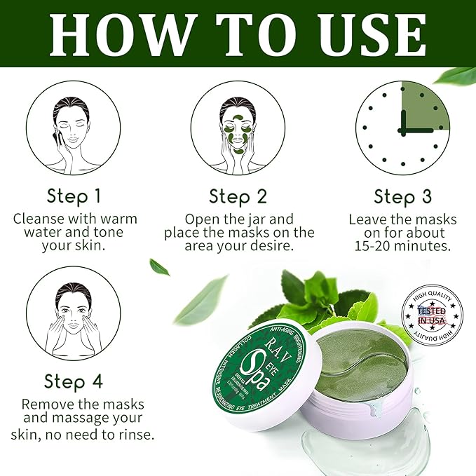 R.A.V Under Eye Patches, Eye Masks, 30 Pairs Collagen Patches for Nourish Firming Repair for Fine Lines, Wrinkles, Dark Circles Bags Eye Treatment, Improve Lines Puffiness for men women (Green Tea)