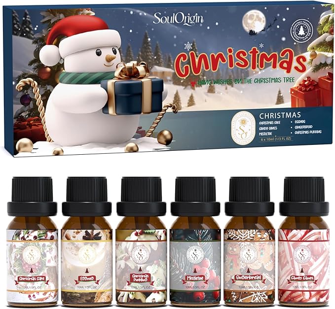 Christmas Essential Oils Set - Fragrance Oil Gift Set for Oil Diffusers, Scented Oils for Candle Making - 6x10ml: Christmas Cake, Eggnog, Candy Canes, Gingerbread, Mistletoe