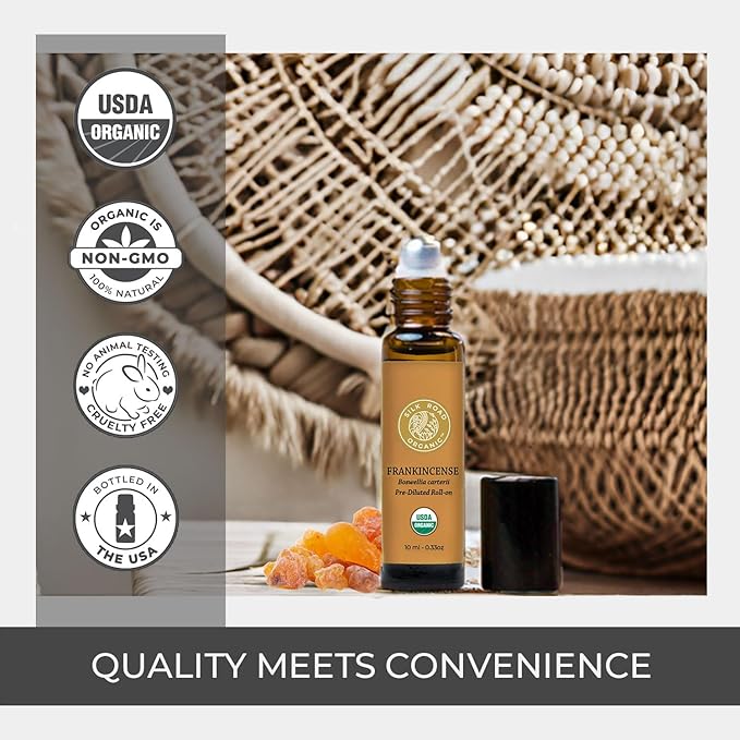 Silk Road Organic Frankincense Carterii Essential Oil Roll On, 100% Pure USDA Certified Aromatherapy for Radiant Skin, Body Aches, Stress Relief, & Calm - 10 ml Roller