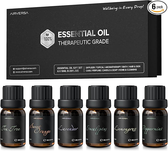 Top 6 Aromatherapy Oils Set-6 Pack, 10mL/0.34 Fl.Oz (Eucalyptus, Lavender, Lemon Grass, Sweet Orange, Peppermint, Tea Tree) - 0.34 Fl Oz x 6
