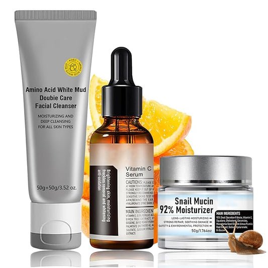 Travel Size Korean Skincare Set, Korean Skin Care Set with Vitamin C Facial Serum, Snail Mucin 92% Moisturizer, Amino Acid White Mud Cleanser, Facial Kit for Women/Teen Hydrating & Plump Skin - 3Pcs