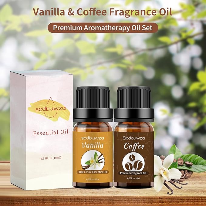 Sedbuwza Vanilla Coffee Essential Oil Set, Vanilla Fragrance Oil Coffee Scent Oil Set for Diffuser, Aromatherapy, Massage, Soap, Candle Making 2 x 10 ml
