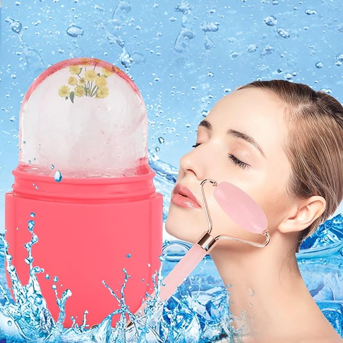 Facial Skincare Ice Roller Mold-Ice Roller for Face and Eye,Beauty Cube Brighten Skin &Enhance Natural Glow &Remove Fine Lines,Facial Beauty Ice Roller Skin Care Tools (Oval, pink set)
