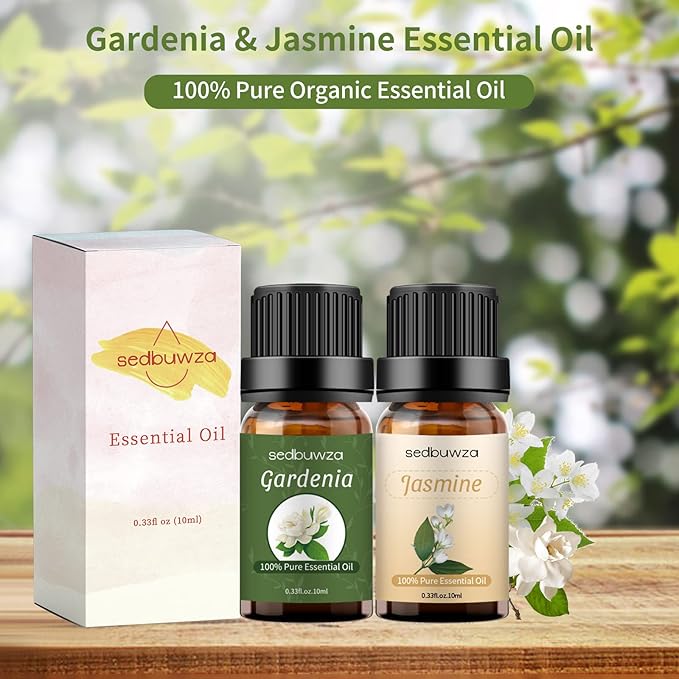 Sedbuwza Gardenia Jasmine Essential Oil Set, Gardenia Fragrance Oil Jasmine Scent Oil Set for Diffuser, Aromatherapy, Massage, Soap, Candle Making 2 x 10 ml