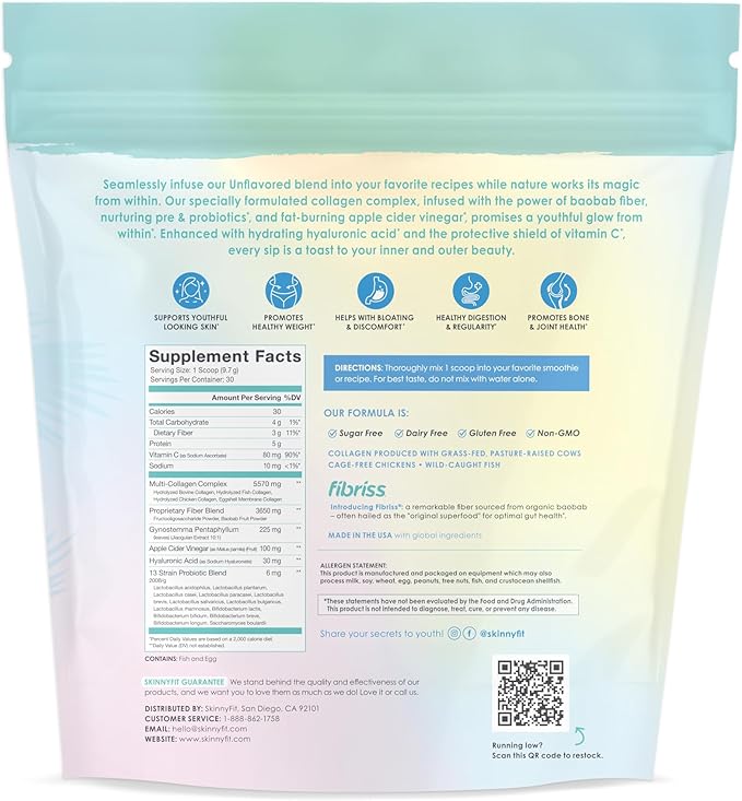 SkinnyFit Super Youth Unflavored Multi-Collagen Peptides + Probiotics, Baobab Fiber, Apple Cider Vinegar, Hyaluronic Acid, & Vitamin C, Skin, Hair, Joint & Metabolism Support, 30 Servings