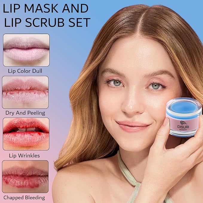 Lip Mask and Lip Scrub Set - Moisturizing Lip Scrub for Exfoliating and Smoothing Lips, Cruelty-free - Improves Texture, Hydrates, and Softens Chapped, Dark Lips Skin - (Blueberry)