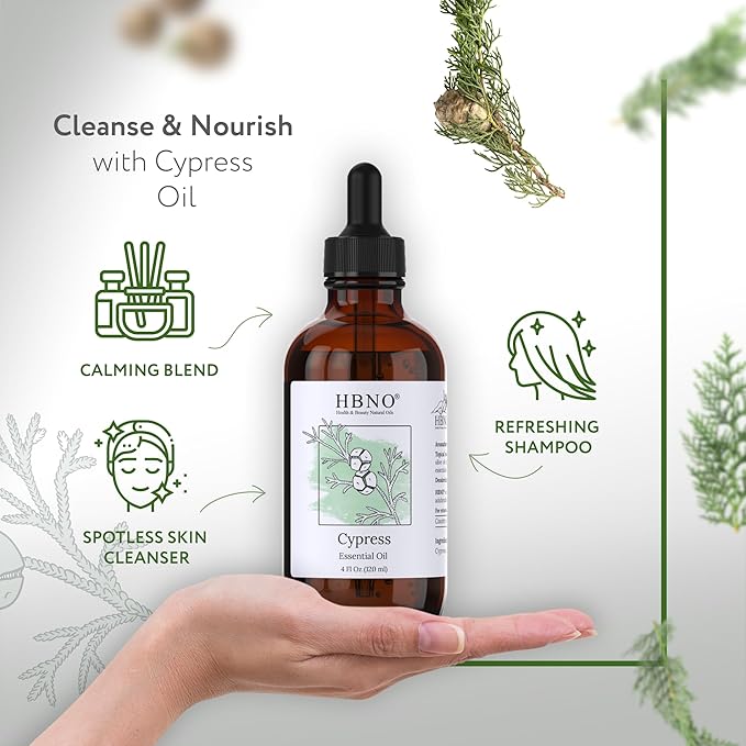 HBNO Cypress Essential Oil - Huge 4 oz (120ml) Value Size - Natural Cypress Oil - Perfect for Cleaning, Aromatherapy, DIY, Soap and Diffuser - Cypress Essential Oils