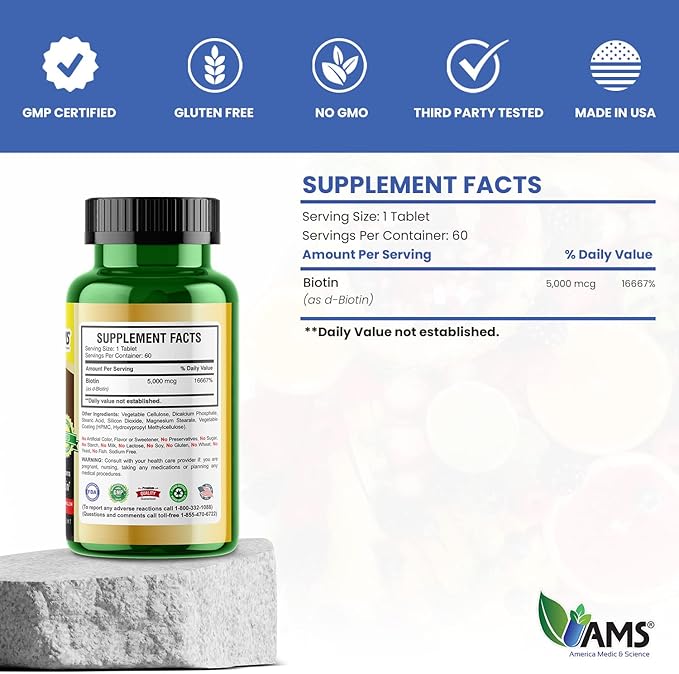 America Medic & Science High Potency Biotin 5,000 mcg | Vitamin B7 Dietary Supplement for Men and Women | Hair Growth Support | for Healthy Skin, Nails, and Metabolism