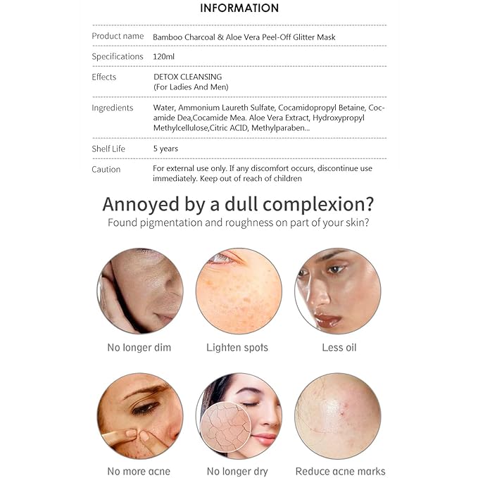 AICHUN BEAUTY Bamboo Charcoal Aloe Vera Peel-Off Glitter Mask Oil-Control Anti-Acne Moisturizing Detox Cleansing 10 minutes Facial Therapy 120ml/4.06fl.oz