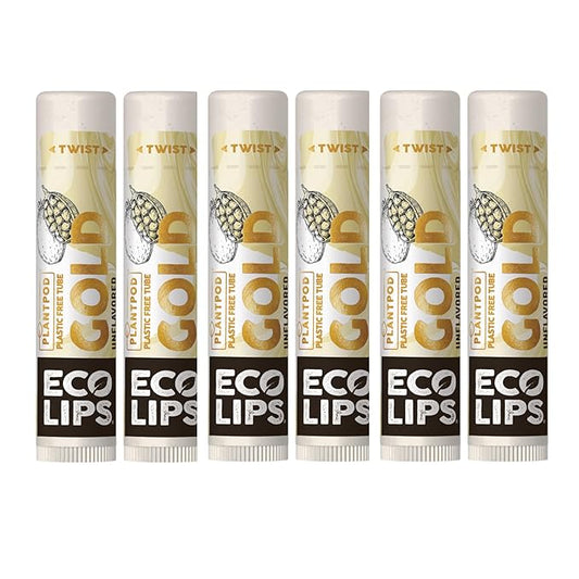 Eco Lips GOLD 100% Organic Lip Balm with Baobab - Soothe and Moisturize Dry, Cracked and Chapped Lips - 100% Plastic-Free Plant Pod Packaging (6 Tubes)