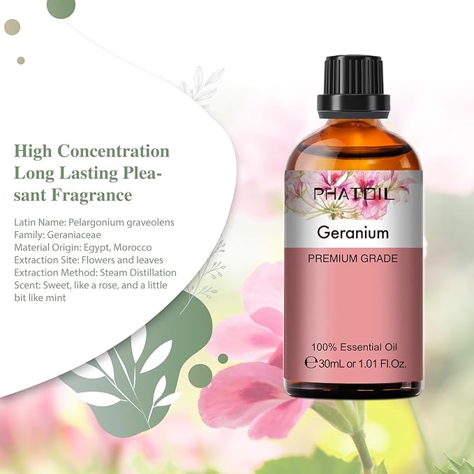 Geranium Essential Oil 1.01fl.oz/30ml, PHATOIL Premium Geranium Oils Long Lasting Scents for Aromatherapy, Diffuser, DIY Soap and Candle Making
