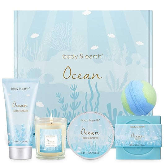 Gifts for Women, Bath and Body Womens Gift Sets with 5 Pcs Ocean Scented Spa Gifts for Women Bath Gift with Scented Candle Body Butter Hand Cream Bath Bomb Mothers Day Gifts