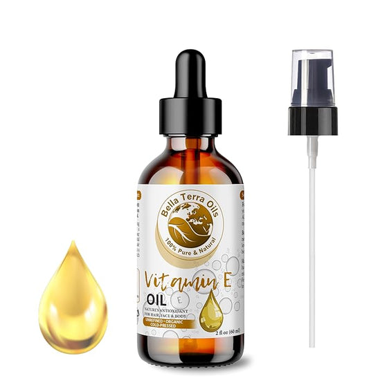 Bella Terra Oils - Organic Vitamin E Oil 2oz - Celebrate Natural Organic Vitamin E's Nutrient-Rich Legacy, D-Alpha Tocopherol Derived, A Must-Have for Luxurious Skin