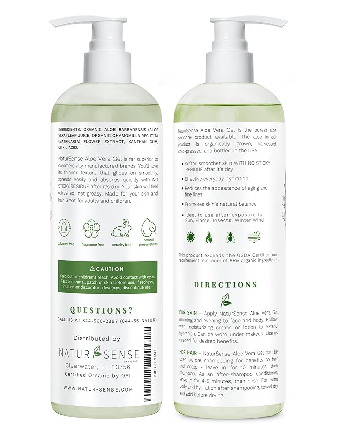 NaturSense USDA Organic Aloe Vera Gel from 100% Pure Aloe. Same Gentle Aloe, Pink/Amber Color is Natural. Great for Hair, Scalp, Face, Dry Skin, Acne, Sunburn, Sensitive Skin. Unscented, 12 oz.