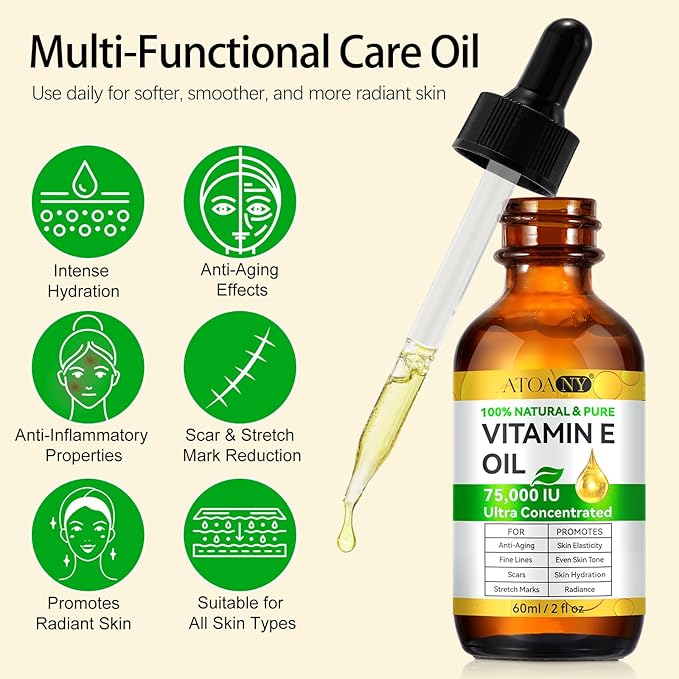 Vitamin E Oil for Skin 75,000 IU – 2 Pack Organic Vitamin E for Face, Hair, Scars, Nails, Ultra-Hydrating Body Oil for Dry Skin Wrinkles,Cold-Pressed, Non-GMO, Organic Skincare Formula –2 Fl Oz