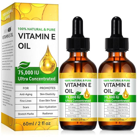 Vitamin E Oil 75,000 IU - 2PCS Natural Moisturizing for Skin, Face & Body - Organic Vitamin E for Scars, Wrinkles & Stretch Marks - Deep Hydration 4 Fl Oz