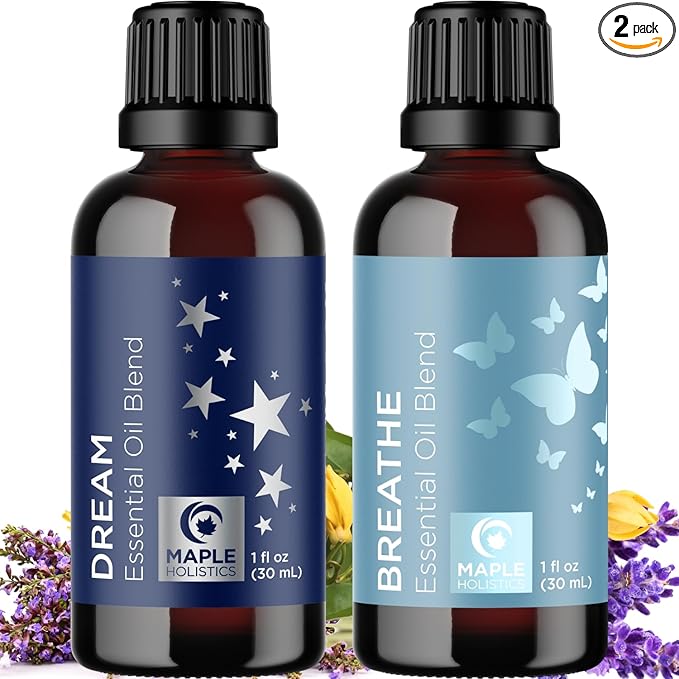 Aromatherapy Essential Oil Blends for Diffusers - Diffuser Essential Oil Set with Dream Essential Oil Blend and Breathe Essential Oil Blend - 100% Pure Must Have Aromatherapy Oils - 1 Fl Oz Each