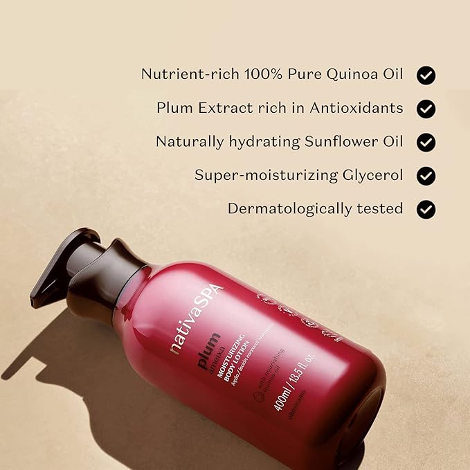 Nativa SPA by O Boticário, Plum Moisturizing Body Lotion, Fragranced Moisturizer Enriched with Purified Quinoa Drops to Boost Hydration, 13.5 Ounce