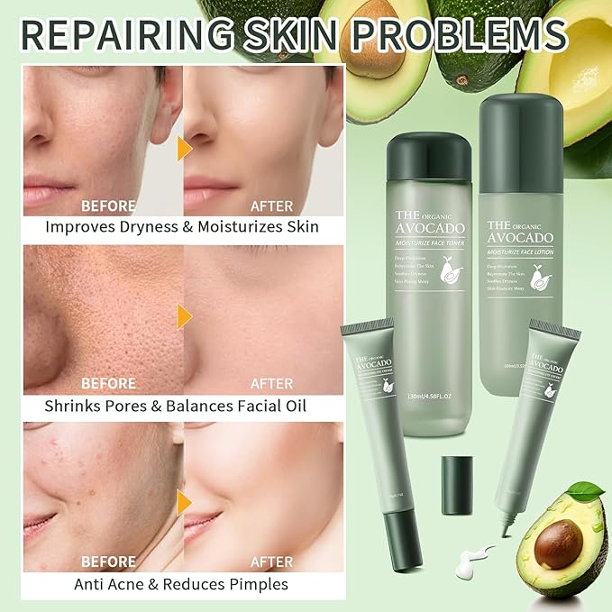Avocado Skin Care Set, 4 PCS Moisturizing Skincare Set, Anti Aging Skin Care Routine Kit For Women With Toner, Lotion, 2 PCS Eye Cream, Travel Facial Skincare Kits, Daily Skin Care.