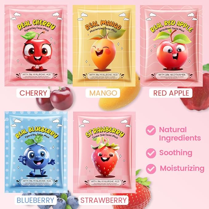 Kaely 10 Pack Fruit Face Masks for Kids, Kids Face Mask Spa Day kit Supplies, Spa Party Favors for Teens Girls Women, Sheet Facial Mask Skincare Gifts Set, Moisturize Soothe for All Skin Types, 02