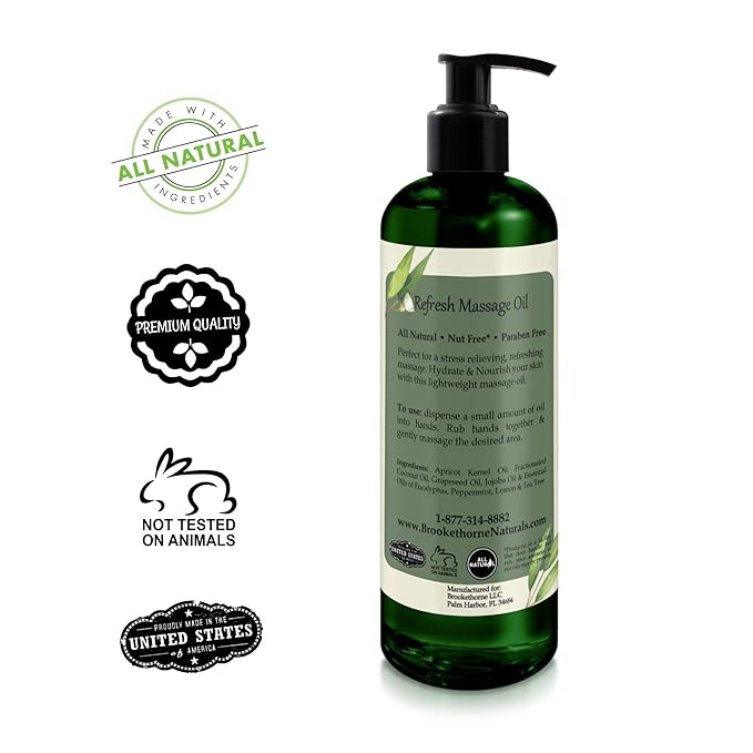 Refresh Massage Oil for Massage Therapy with Eucalyptus & Peppermint Essential Oils - All Natural, Great for Sore Muscles. Ideal for Full Body Relaxation – Nut Free Formula 16oz