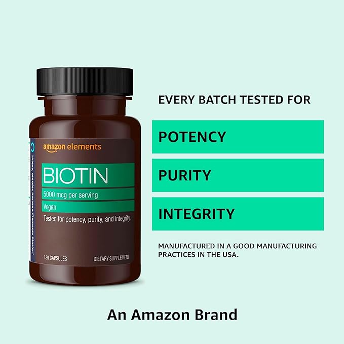 Amazon Elements - Biotin, 5000 mcg, Vegan, Helps maintain hair growth, healthy skin, and nails, 130 Capsules (4 month supply) (Packaging may vary)