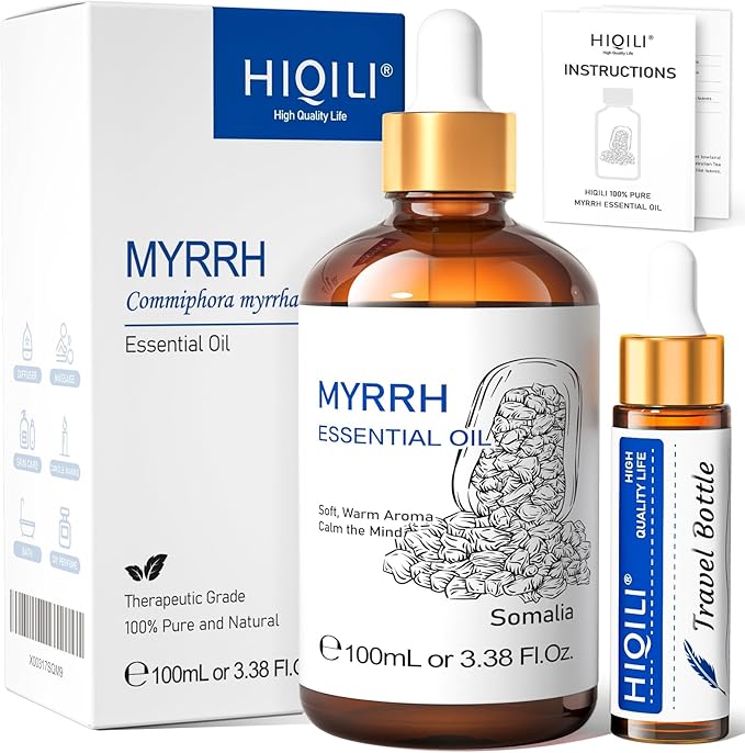 HIQILI Myrrh Essential Oil for Skin, Face, Diffuser, Add to Perfume, Toothpastes, Candle, Soap - 3.38 Fl Oz