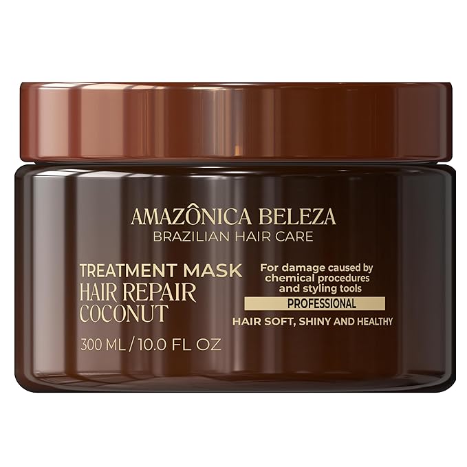 AMAZONICA BELEZA Coconut Hair Mask, Repairs Damaged Hair and Restores Hair Proteins for Healthy, Vital Hair, with Coconut Oil, Sulfate & Parabens Free, Professional Line, 10 Oz