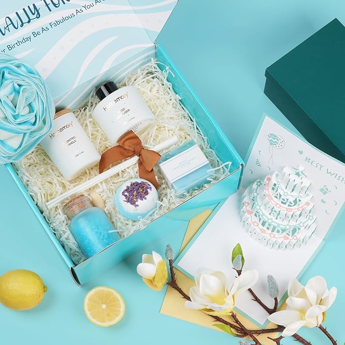 Homemory Gift Women Birthday Bath Sets Body Self Care, Best Spa Basket Christmas Scented Candle & Reed Diffuser Kit Mom Friends Sister With 3D Card (Blue)