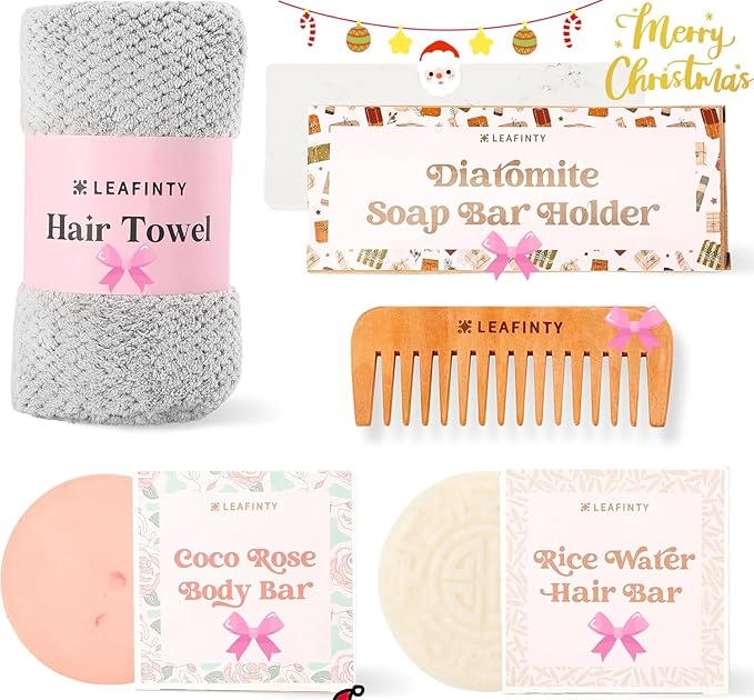Bath Set for Women Christmas Beauty Spa Relaxation Kit: Includes Rice Shampoo Bar, Body Wash Bar, Soap Bar Holder, Wide-Tooth Hair Comb, and Microfiber Hair Towel β Perfect Bath Xmas Gifts for Women