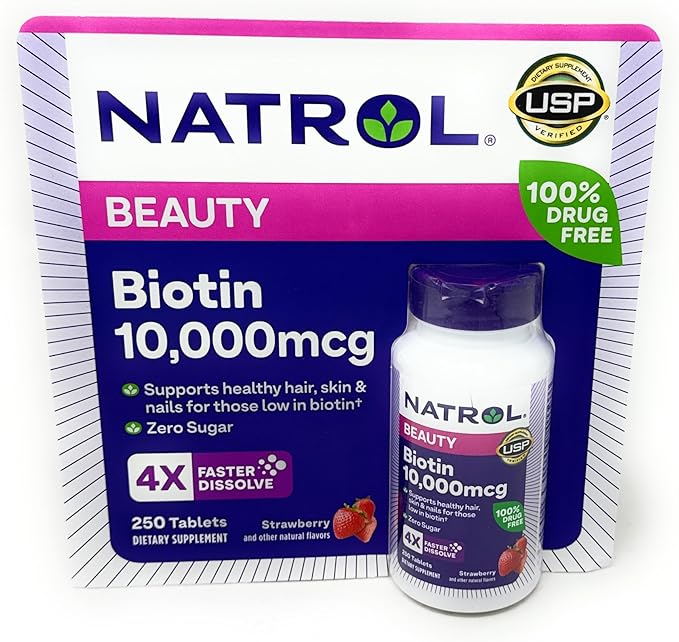 Natrol Biotin 10000 mcg, Strawberry Flavor, Fast Dissolve Tablets, Extra Strength, 250 Count