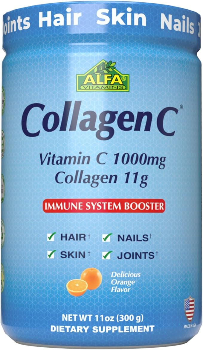 ALFA VITAMINS CollagenC Hydrolysate Peptides Powder Supplement with 1,000mg Vitamin C - Premium Quality Source of Nutrients - Skin, Hair, Nails, Immune Boost & Joints Support - Orange Flavor -11 OZ