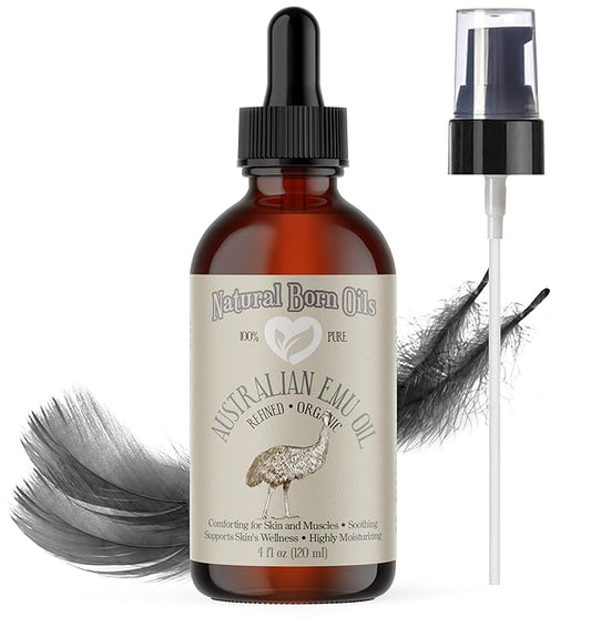 Natural Born Oils Australian Emu Oil, 4oz, Organic, Fully Refined, High in Omega-3 & 6, Perfect for Skin Nourishment, Hair Revitalization