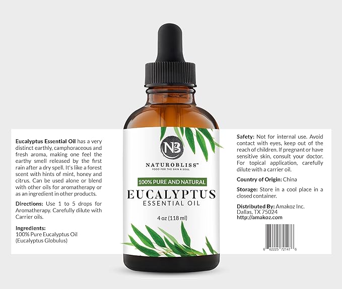NaturoBliss 100% Pure Natural Undiluted Eucalyptus Essential Oil (4oz) Premium Therapeutic Grade Aromatherapy