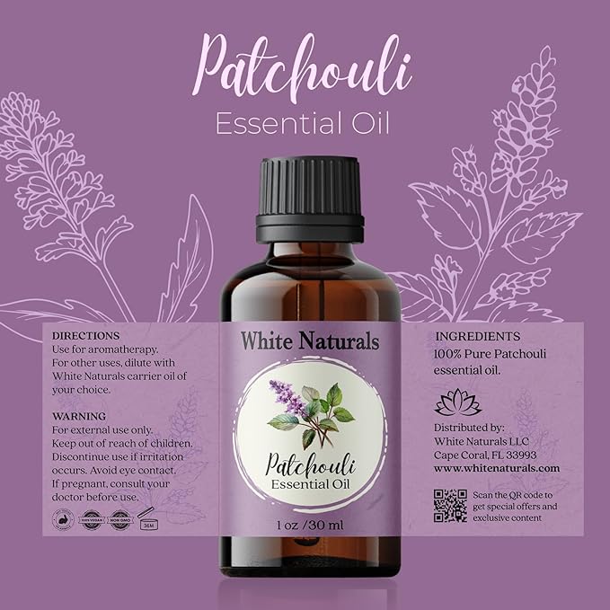 White Naturals Patchouli Essential Oil – 100% Pure & Natural, Earthy Aromatherapy Oil for Relaxation, Skin Care, & DIY Products, 1oz