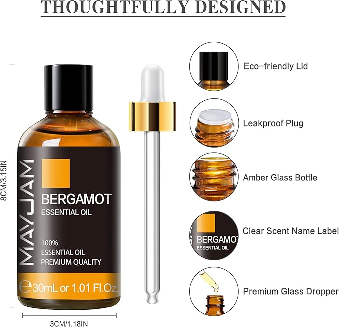 Bergamot Essential Oil 30ml/1.01fl.oz, MAYJAM Premium Bergamot Oils for Diffuser, Soap Making, Candle Making, Long Lasting Scents