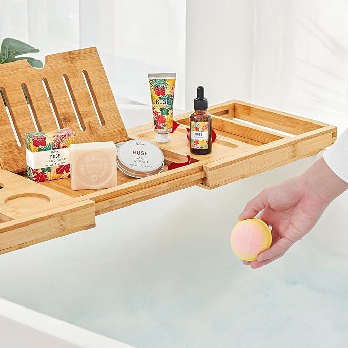 Spa Gifts for Women, Gift Set, Self Care Kit, Birthday Gifts, 5pc Rose Bath Sets Include Massage Oil, Bath Bomb, Salt Scrub, Soap, Hand Cream, Christmas Gifts for Mom