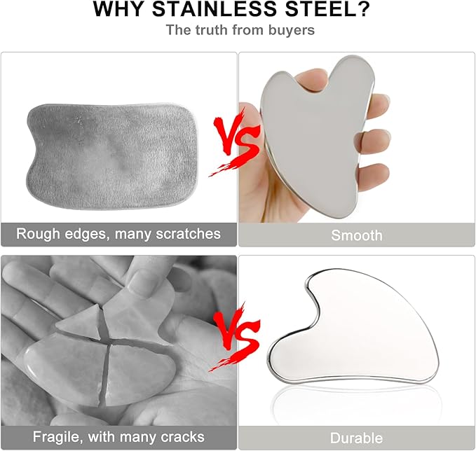 Face Roller and Gua Sha Facial Tool, Face Massage Roller for Wrinkles and Lifting, Guasha Stone Beauty Tools for Women to Reduce Puffiness and Improve Wrinkles of Neck & Eyes (Metallic)