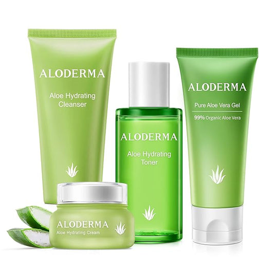 Aloderma Essential Aloe Hydrating Skin Care Set - 4 Pieces - Gel, Cleanser, Toner, Cream