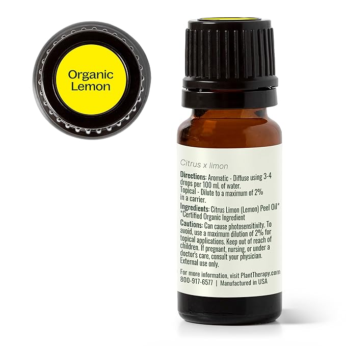 Plant Therapy Organic Lemon Essential Oil 100% Pure, USDA Certified Organic, Undiluted, Natural Aromatherapy, Therapeutic Grade 10 mL (1/3 oz)