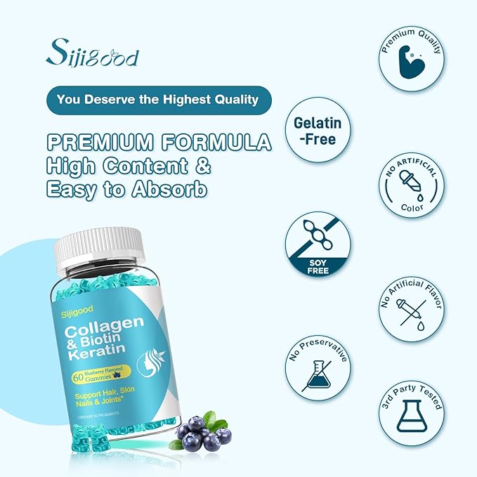 2 Pack Biotin Gummies with Collagen, Keratin, Hyaluronic Acid, Vitamin for Skin, Hair Growth, Nails, Women Men Adults Kids - Blueberry Flavored, 120 Gummies