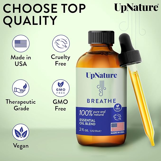 UpNature Breathe Essential Oil - Huge 2oz - Essential Oils for Diffusers Humidifiers Spa Respiratory Menthol Blend