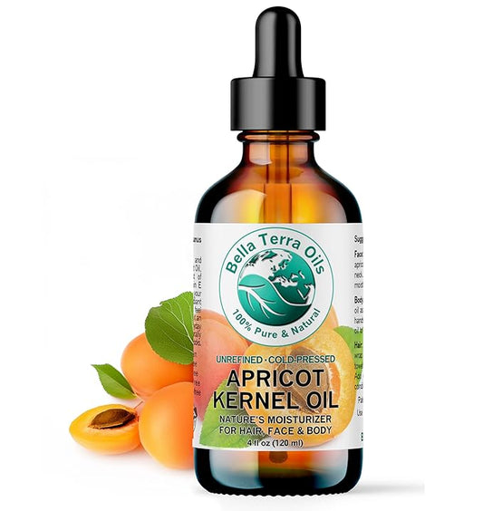 Bella Terra Oils - Organic Apricot Kernel Oil 4 oz - Pure Organic Apricot Essence, Abundant in Linoleic & Oleic Acid, A Luxurious Carrier Oil for Essential Oils
